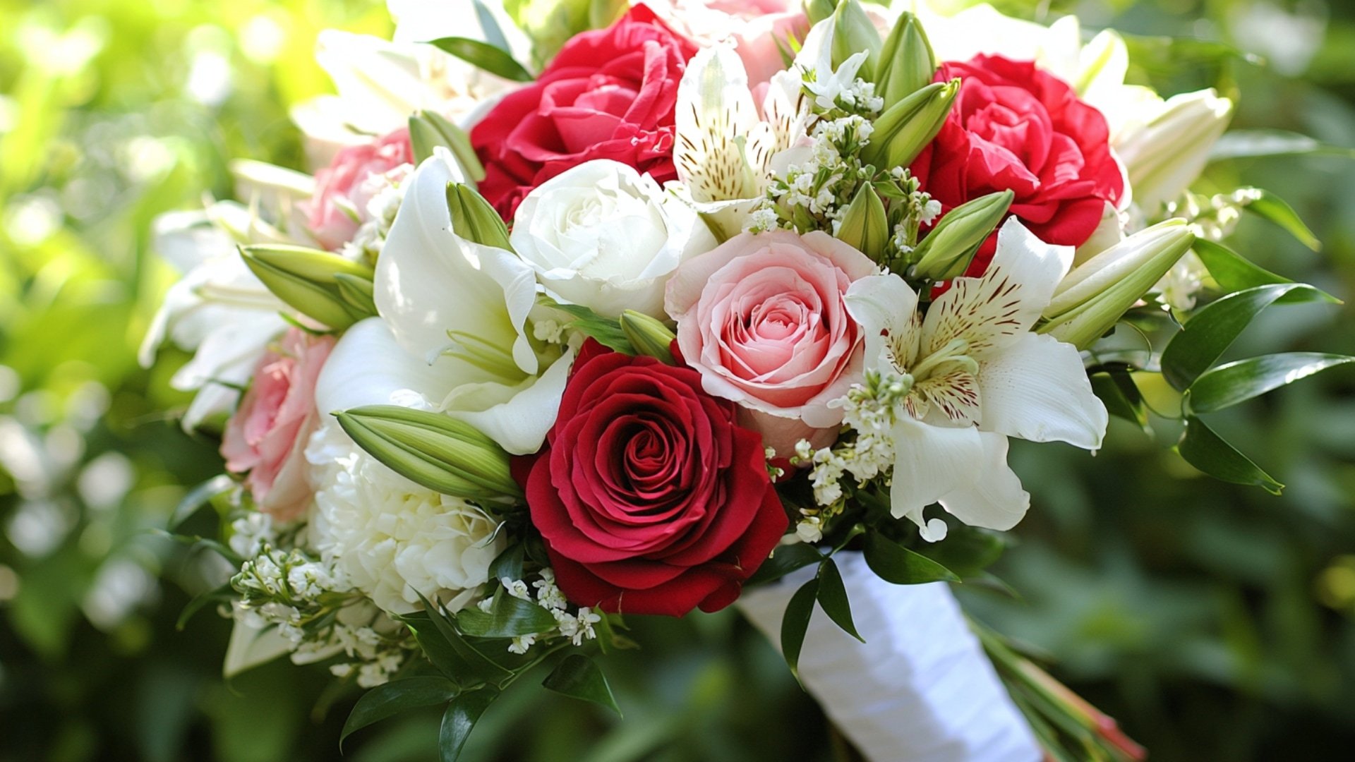 Bouquet de mariée avec des roses rouges et blanches, des lys et des pivoines